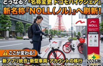 ２０２６年秋より新ブランド『NOLL（ノル）』への移行が決まったドコモ・バイクシェアの赤い電動アシスト自転車と、新ロゴマークを掲載したポートの案内看板、スマートフォンを操作する利用者の様子。