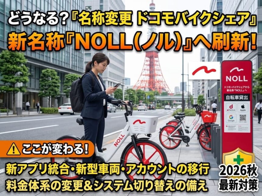 ２０２６年秋より新ブランド『NOLL（ノル）』への移行が決まったドコモ・バイクシェアの赤い電動アシスト自転車と、新ロゴマークを掲載したポートの案内看板、スマートフォンを操作する利用者の様子。