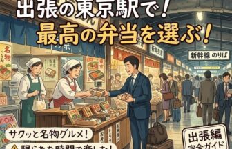 東京駅の構内で出張の移動に向けて美味しそうな弁当を選んでいるスーツ姿のビジネスパーソン