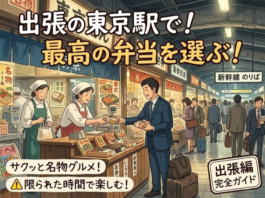 東京駅の構内で出張の移動に向けて美味しそうな弁当を選んでいるスーツ姿のビジネスパーソン