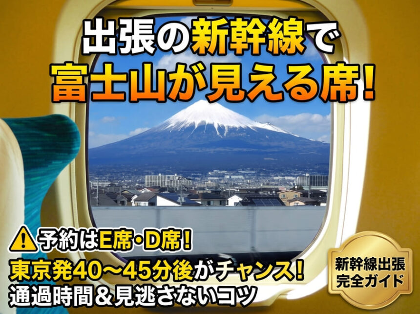 新幹線の窓から見える、青空と裾野まで広がる美しい富士山の景色。手前のE席の座席テーブルにはノートパソコンやコーヒーが置かれており、30代のスーツを着たビジネスパーソンが移動中に窓の外を眺めながら、リフレッシュや撮影を行っている様子。
