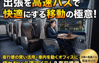 三列独立シートと電源コンセントを備えた快適な高速バスの車内で、ノートパソコンを開いて出張の準備や作業をこなすスーツ姿の男性の様子。