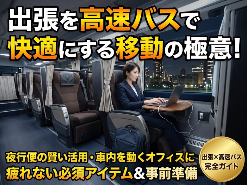 三列独立シートと電源コンセントを備えた快適な高速バスの車内で、ノートパソコンを開いて出張の準備や作業をこなすスーツ姿の男性の様子。