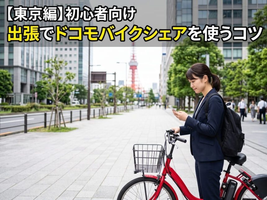東京のオフィス街にあるドコモ・バイクシェアのポートで、赤い電動アシスト自転車の解錠やバッテリーのチェックをスマートフォンで行う、スーツ姿にビジネスリュックのビジネスパーソン。