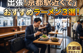 京都駅周辺で、出張時の移動や食事に最適な「第一旭」や「新福菜館」などのラーメン店。賑やかな店内で、ダークネイビーのスーツを着てビジネスキャリーバッグを置いた30代の日本人の男性ビジネスパーソンが、美味しそうな京都ラーメンとヤキメシを前に、出張の合間に手早く食事を済ませて満足している様子。