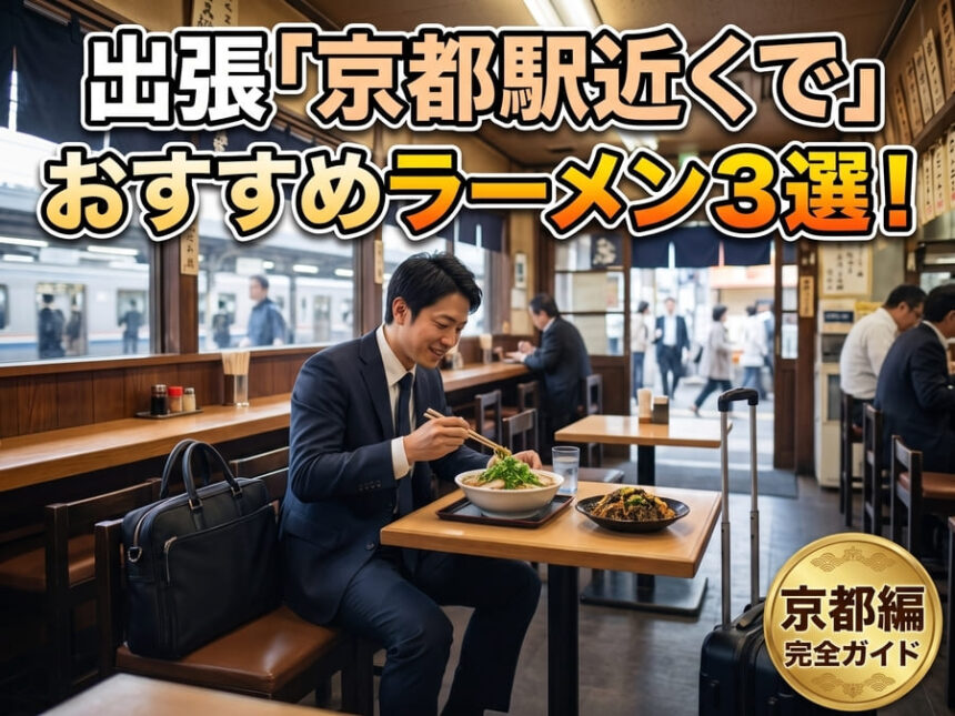 京都駅周辺で、出張時の移動や食事に最適な「第一旭」や「新福菜館」などのラーメン店。賑やかな店内で、ダークネイビーのスーツを着てビジネスキャリーバッグを置いた30代の日本人の男性ビジネスパーソンが、美味しそうな京都ラーメンとヤキメシを前に、出張の合間に手早く食事を済ませて満足している様子。
