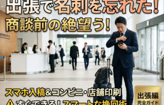 出張先のオフィスロビーで名刺を忘れたことに気づき、スマートフォンを使って名刺管理アプリやコンビニ印刷の対処法を落ち着いて検索しているスーツ姿のビジネスパーソン