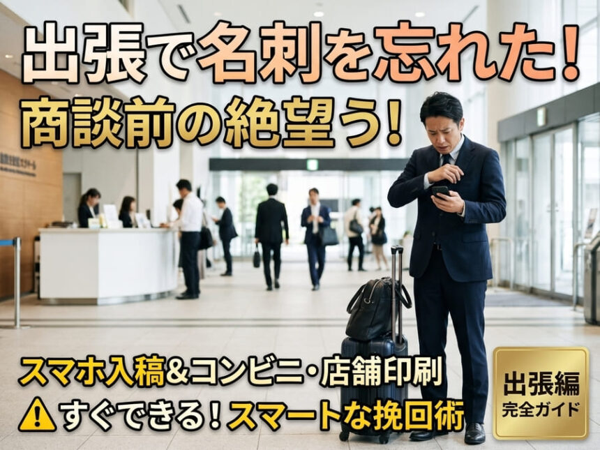 出張先のオフィスロビーで名刺を忘れたことに気づき、スマートフォンを使って名刺管理アプリやコンビニ印刷の対処法を落ち着いて検索しているスーツ姿のビジネスパーソン