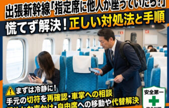 新幹線の普通車の指定席（青いモケットシート）で、自分の予約した席に別の人が座っているのを見つけ、困惑しながら手元のスマートフォンの予約画面や切符を確認する、ビジネスリュックを背負ったスーツ姿の男性（出張者）の様子。
