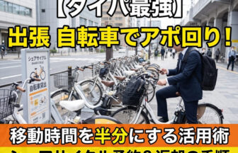 都市部の駅前にあるシェアサイクル（電動アシスト自転車）のポート。スーツ姿のビジネスパーソンがスマートフォンで自転車を予約・解錠している様子。