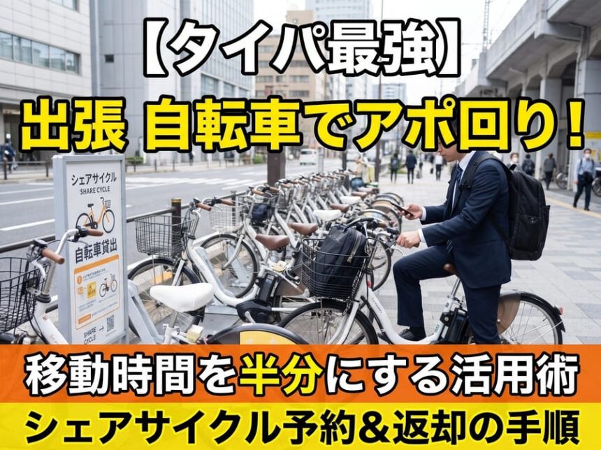 都市部の駅前にあるシェアサイクル（電動アシスト自転車）のポート。スーツ姿のビジネスパーソンがスマートフォンで自転車を予約・解錠している様子。