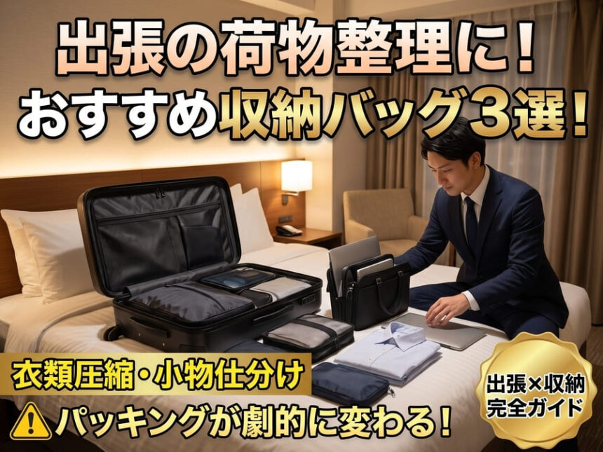 出張のパッキングに最適な収納バッグ。ホテルのベッドの上で、ダークネイビーのスーツを着た30代の日本人の男性ビジネスパーソンが、ビジネスキャリーケースに、衣類圧縮バッグや小物を機能的に仕分けたインナーバッグ、アメニティケースをスマートに収納している様子。