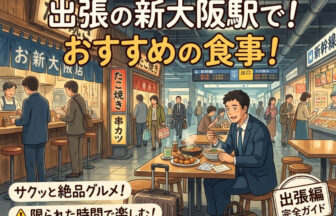 新大阪駅の構内で出張の合間に美味しい食事のメニューを選んでいるスーツ姿のビジネスパーソン