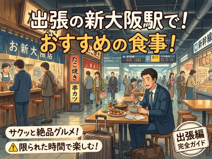 新大阪駅の構内で出張の合間に美味しい食事のメニューを選んでいるスーツ姿のビジネスパーソン
