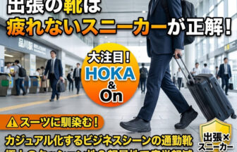 スーツ姿に黒のHOKAやOnのビジネススニーカーを合わせ、出張先の駅構内をキャリーケースを引きながら軽快に歩くビジネスパーソンの足元。