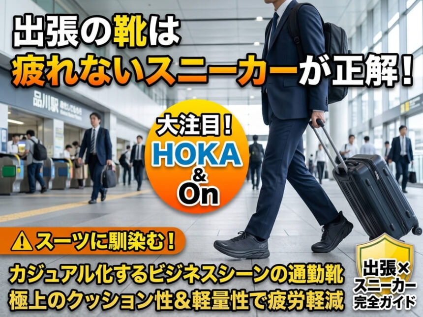スーツ姿に黒のHOKAやOnのビジネススニーカーを合わせ、出張先の駅構内をキャリーケースを引きながら軽快に歩くビジネスパーソンの足元。