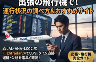 羽田空港の出発ロビーにて、スマートフォンでJALやANA、Flightradar24の飛行機の運行状況をチェックしながら、落ち着いて出張の準備を進めるスーツ姿のビジネスパーソン。