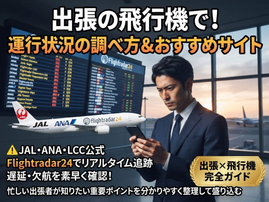 羽田空港の出発ロビーにて、スマートフォンでJALやANA、Flightradar24の飛行機の運行状況をチェックしながら、落ち着いて出張の準備を進めるスーツ姿のビジネスパーソン。